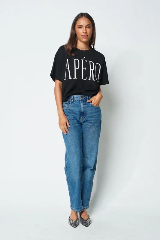 Grande Printed Longline Panel Tee – Black / White