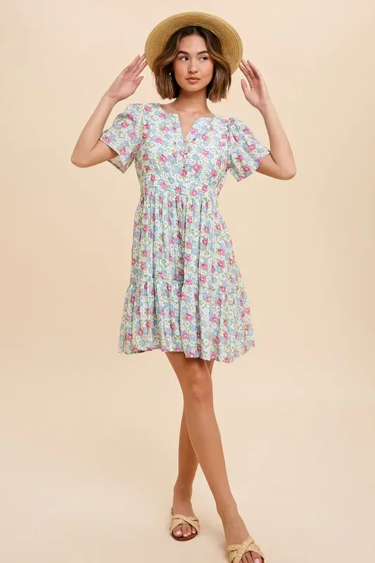 Green & Pink Floral V Neck Dress