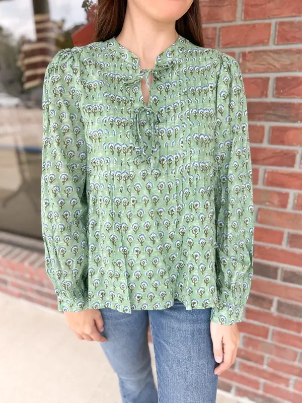 Green Goddess Pintucked Floral Top