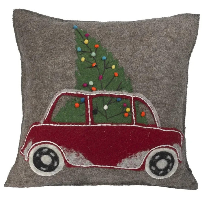 Hand Felted Wool Christmas Pillow – Car With Tree On Gray – 20 “