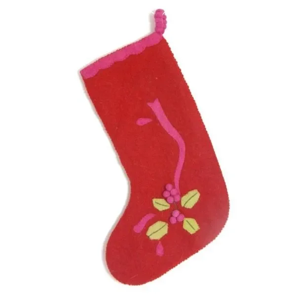 Hand Felted Wool Christmas Stocking – Holly Berry On Red