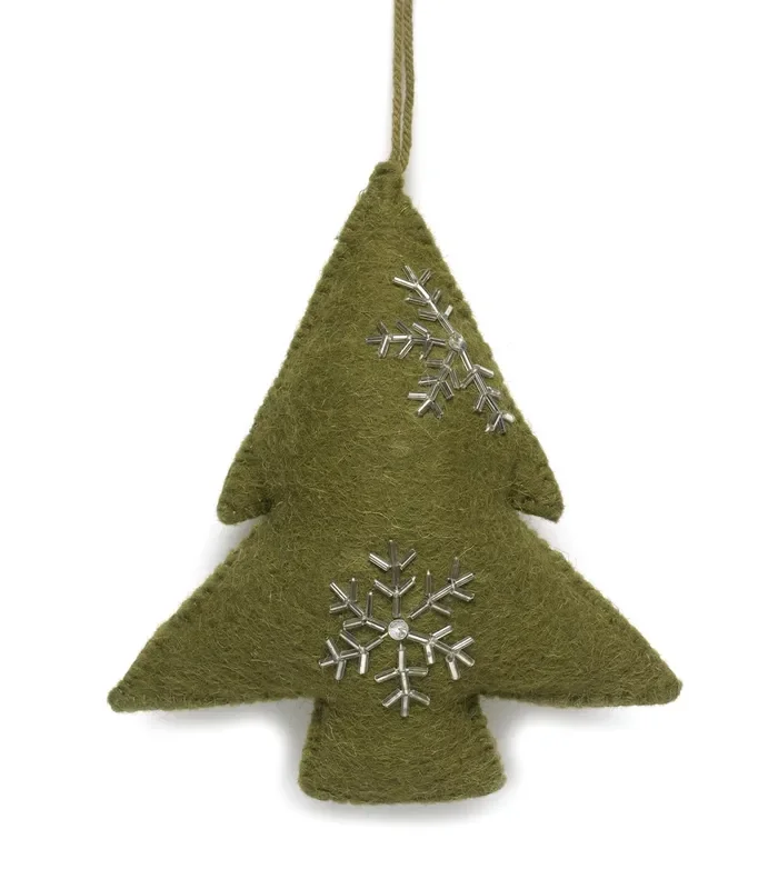 Hand Felted Wool Tree-ornament -green White Hand Beading