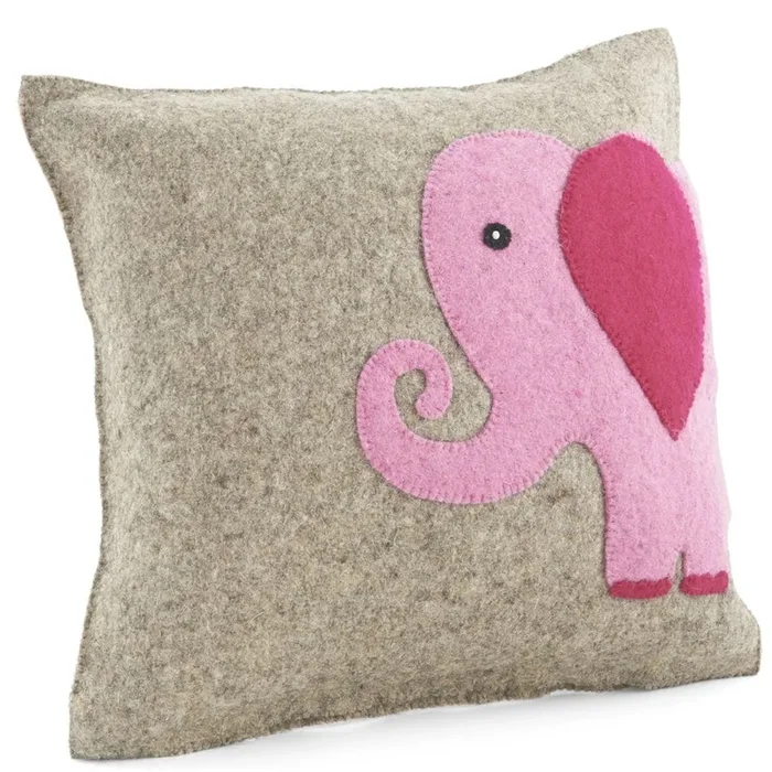 Handmade Pillow In Hand Felted Wool – Pink Elephant On Gray – 18 “