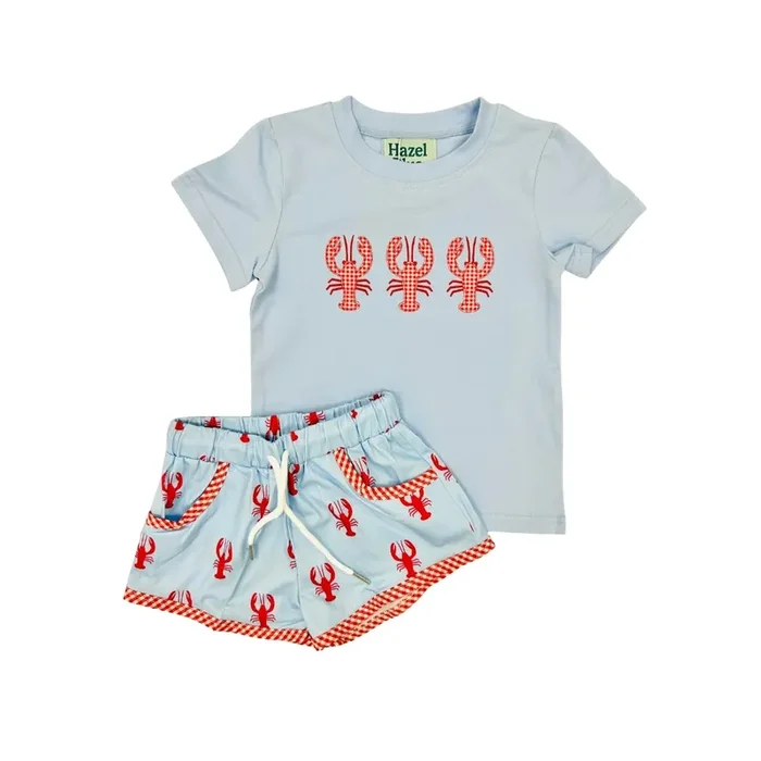 Hazel Blue Crawfish Print/Applique Short Set