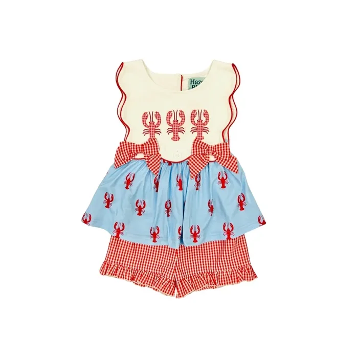 Hazel Blue Crawfish Print/Applique Short Set with Bows