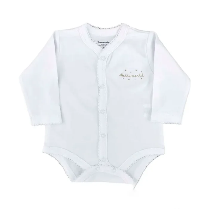 Hello World Long Sleeve Snapped Bodysuit, White