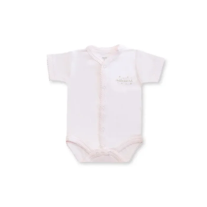 Hello World Short Sleeve Snapped Bodysuit, Pink