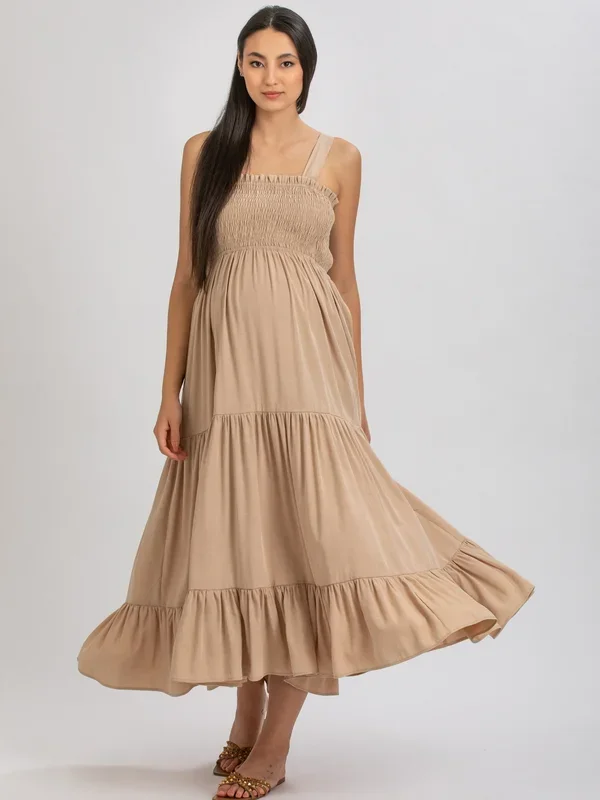 Holly Smocked Maxi Dress in Almond