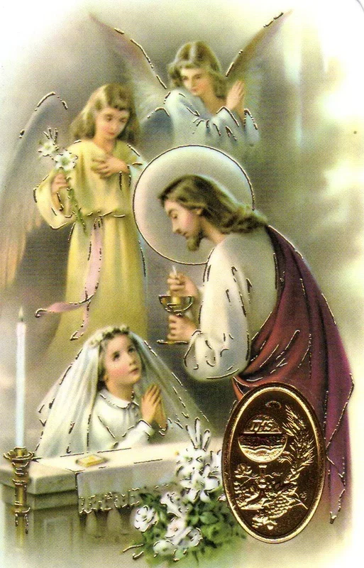 Holy Card – Laminated with Medal First Communion Girl