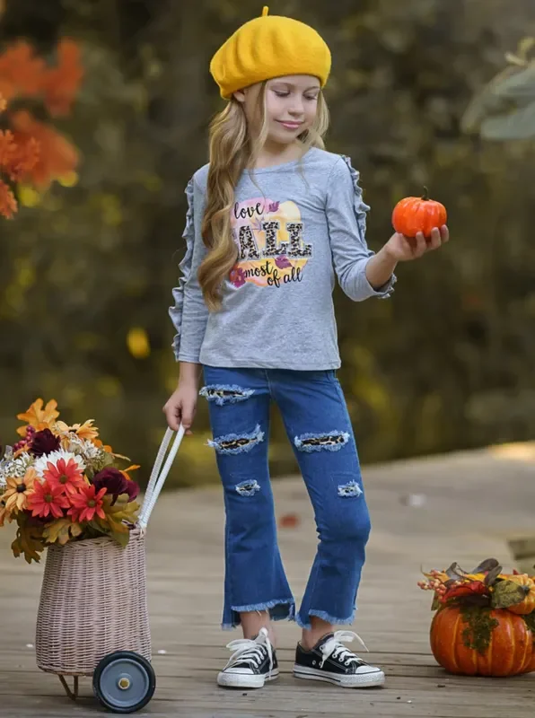 I Love Fall Most Of All Patched Jeans Set