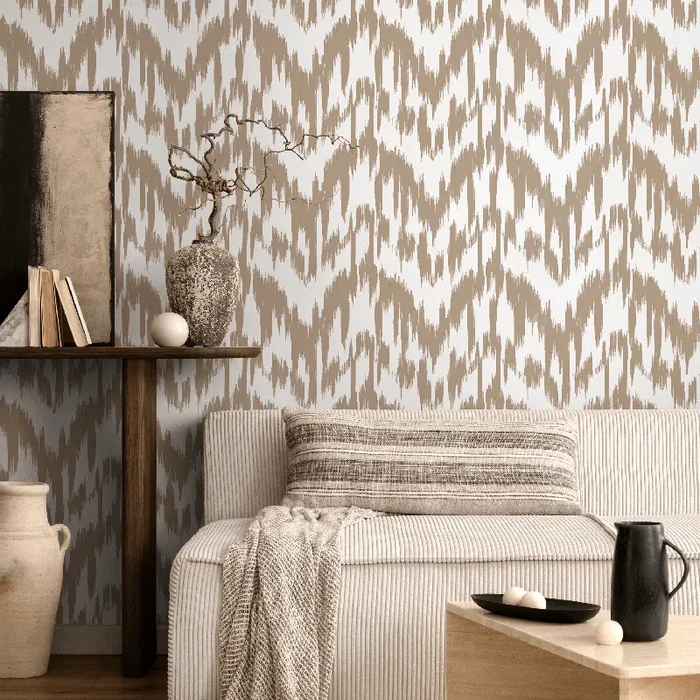 Ikat Wallpaper With A Hand-painted Abstract Motif In Beige And Off-white – C743