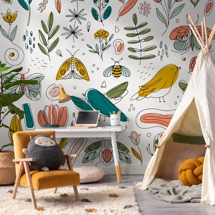 Illustrative Wallpaper With Whimsical Flora And Fauna In Yellow, Teal, And Pink – B982