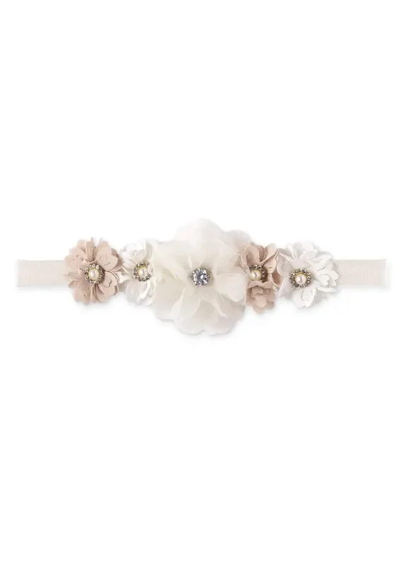Ivory & Tan Faux Flowers W/ Pearls & Rhinestones Headband