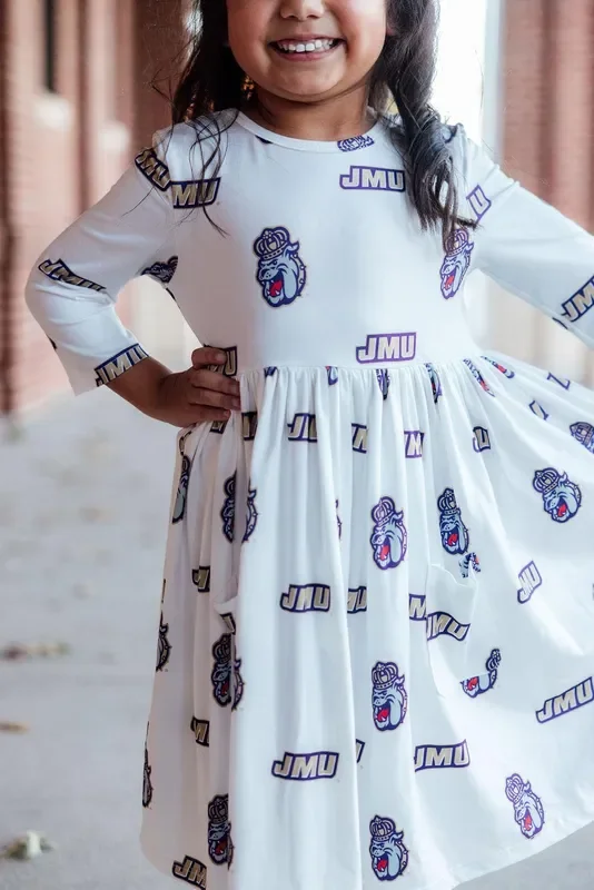 JMU White Duke Dog 3/4 Sleeve Pocket Twirl Dress