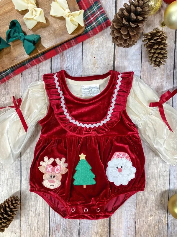 Jolly Red Velvet Smocked Infant Girl’s Romper – FINAL SALE