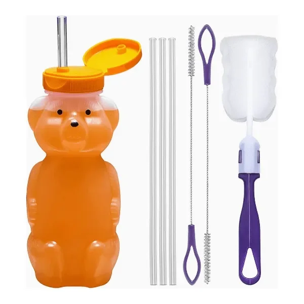 Juice Bear Honey Bear Bottle Drinking Cup with Long Straws- 8oz.