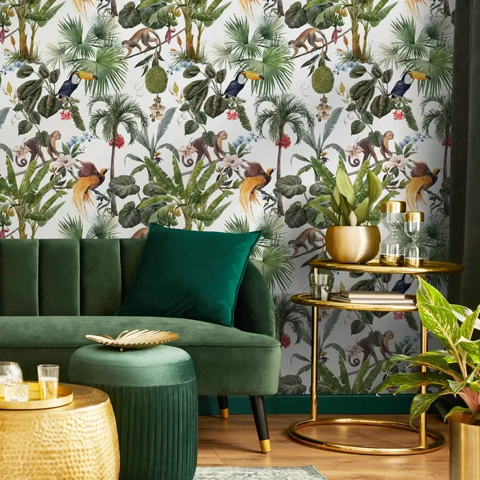 Jungle Wallpaper With Monkeys And Tropical Birds In Green And Brown – C799