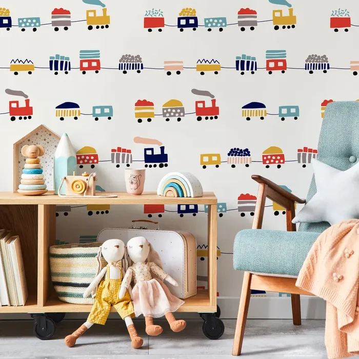Kids Wallpaper With A Minimalist Toy Train Motif In Red, Yellow, And Blue – A328