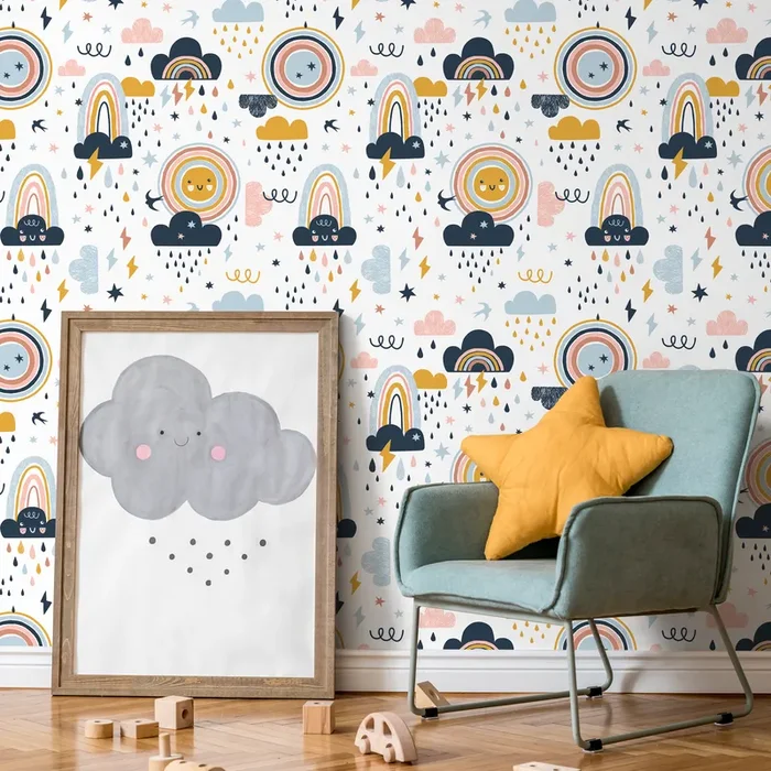 Kids Wallpaper With Smiling Suns And Rainbows In Blue, Pink, And Yellow – A921