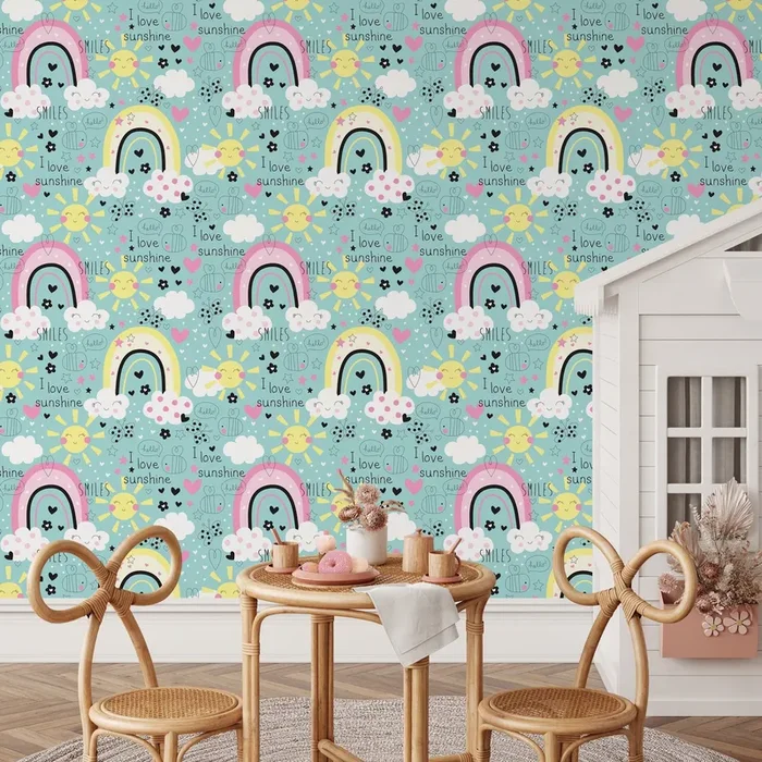 Kids Wallpaper With Sunshine And Rainbows In Pink, Yellow, And Teal – B490