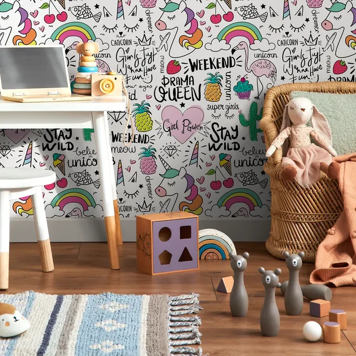 Kids Wallpaper With Unicorn And Rainbow Doodles In Pink, Yellow, And Green – B543