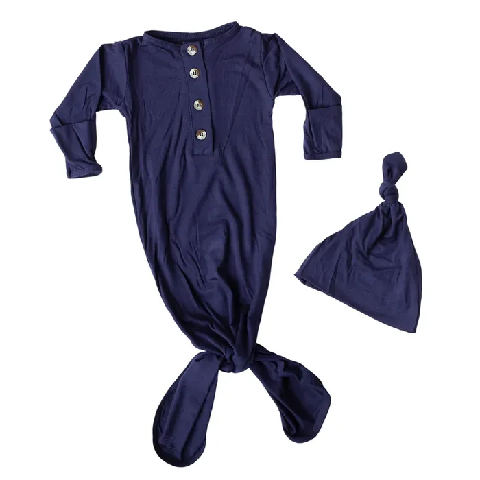 Knotted Baby Gown And Hat Set – Navy Blue (newborn-3 Months)