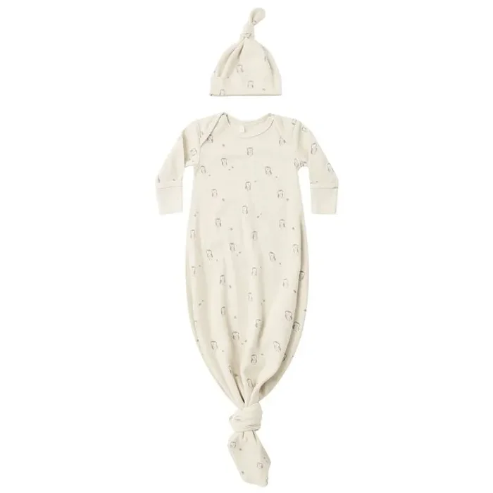 Knotted Baby Gown + Hat Set – Owls