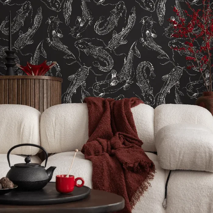 Koi Fish Wallpaper Featuring Illustrative Fish In Black And White – C040