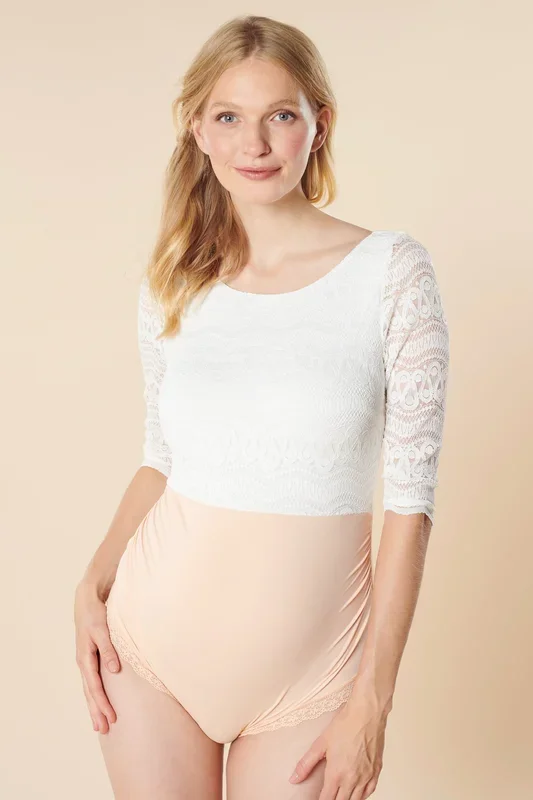 Lace maternity bodysuit with a low back