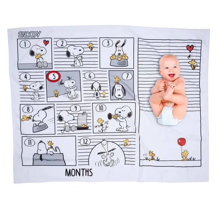 Lambs & Ivy Snoopy Milestone Photo Opportunity Black/White Fleece Baby Blanket