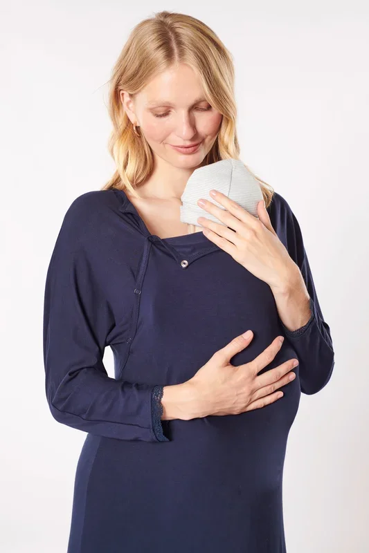 Langarm Eco Viskose Geburtskleid und Stillnachthemd mit Spitze navy