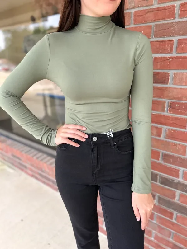 Light Olive Mock Neck Long Sleeve Bodysuit