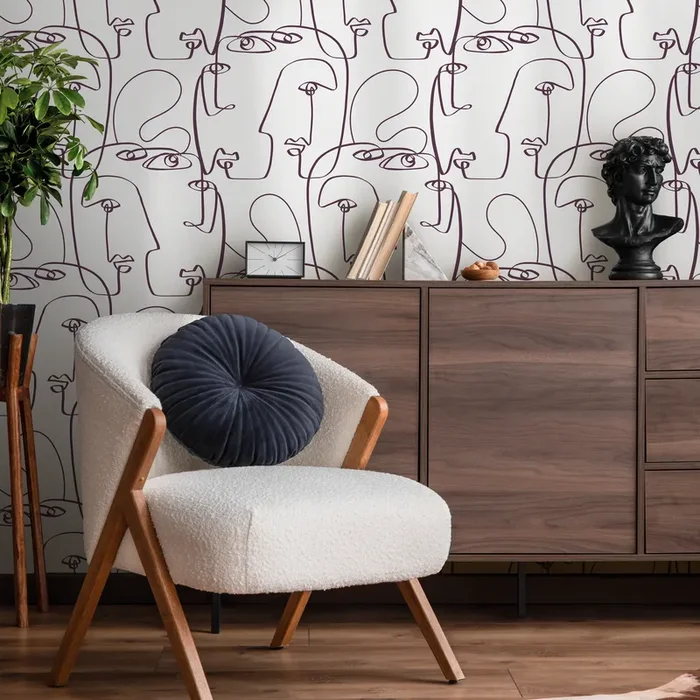 Line Art Wallpaper With A Continuous Face Motif In Dark Purple – D492
