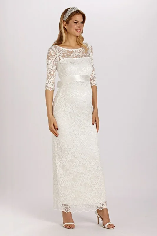 Long lace maternity wedding dress with 3/4 sleeves