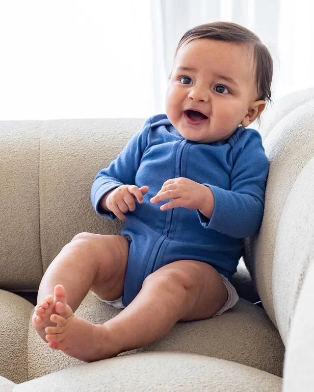 Long Sleeve Zipper Bodysuit In Denim, 6-9m