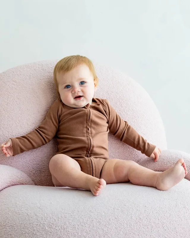Long Sleeve Zipper Bodysuit In Mocha, 3-6m