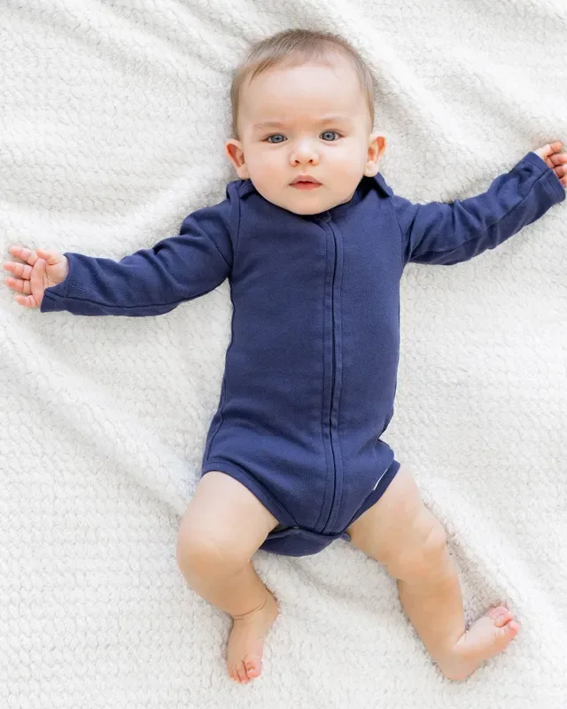 Long Sleeve Zipper Bodysuit In Navy, 0-3m