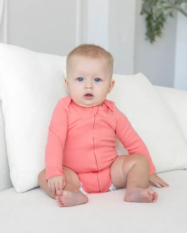 Long Sleeve Zipper Bodysuit In Rose, 9-12m