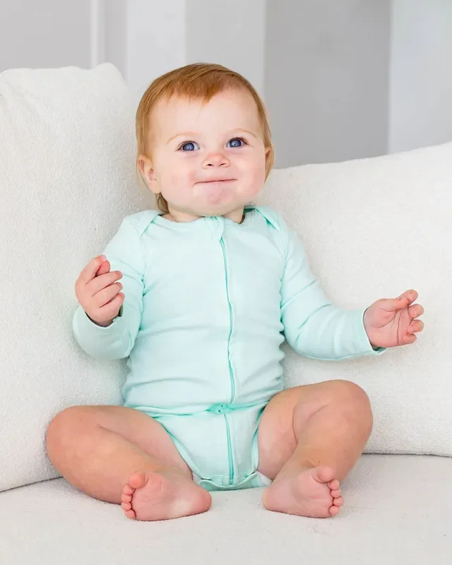Long Sleeve Zipper Bodysuit In Seafoam, 9-12m