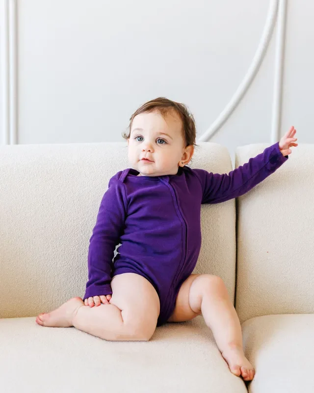 Long Sleeve Zipper Bodysuit In Violet, 0-3m