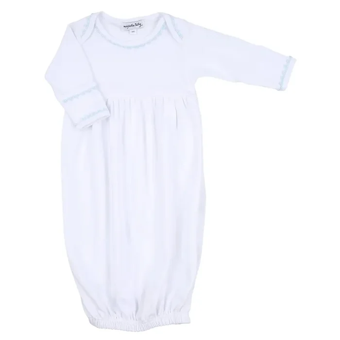 Magnolia Baby Baby Joy Crochet Trim Gathered Gown- Blue