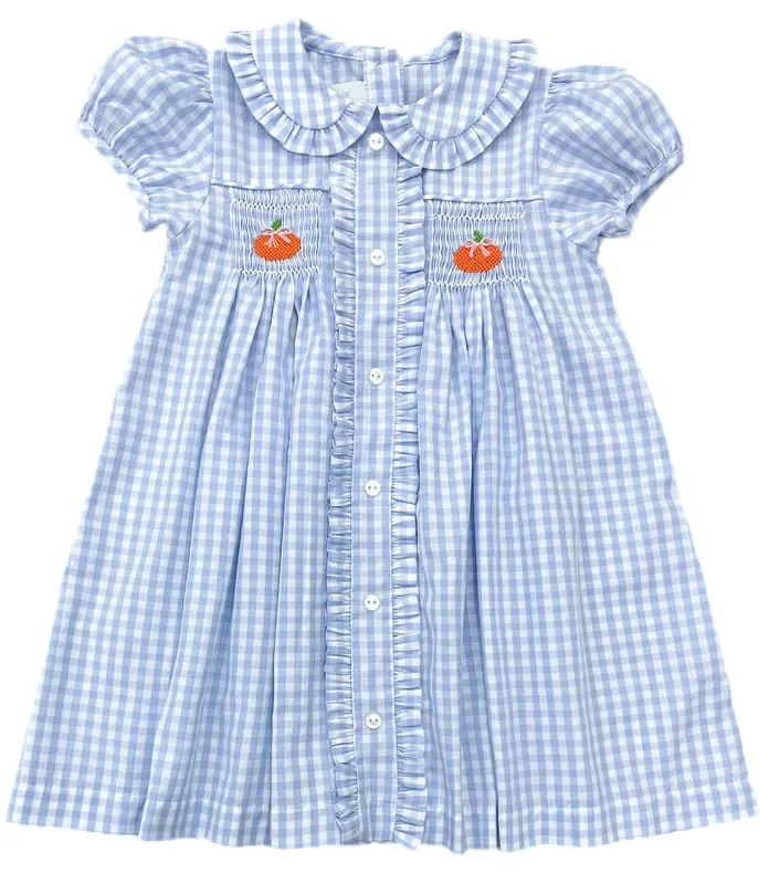 Margaret Blue Gingham Dress, pumpkins