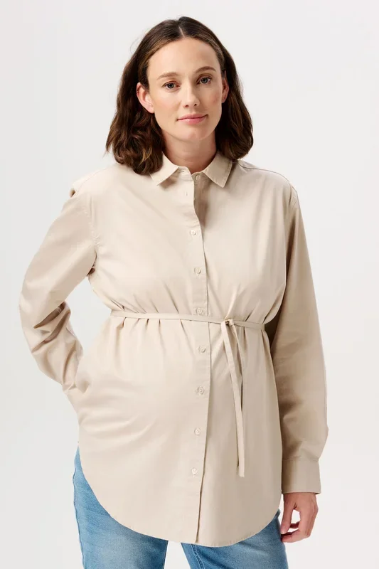 Maternity and nursing blouse with tie belt, sand