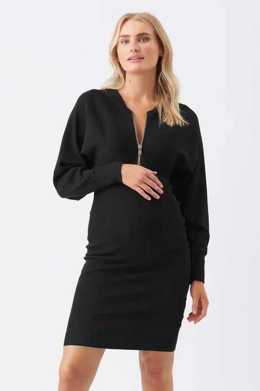 Maternity and nursing knit dress with batwing sleeves and zipper, black