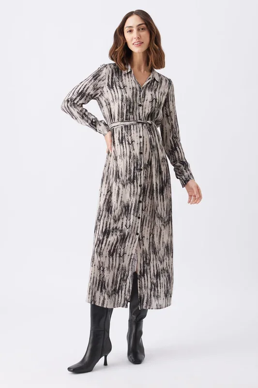 Maternity and nursing shirt dress with all-over print, black/beige