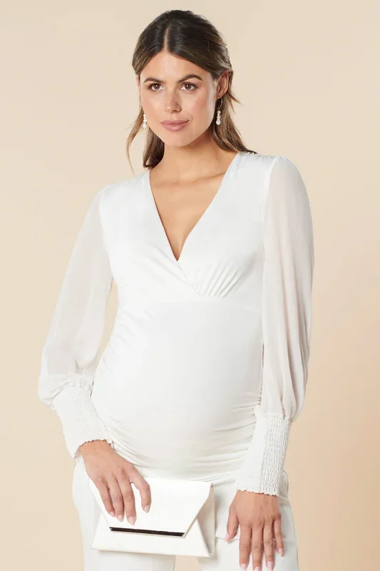 Maternity and nursing shirt with chiffon sleeves, ivory