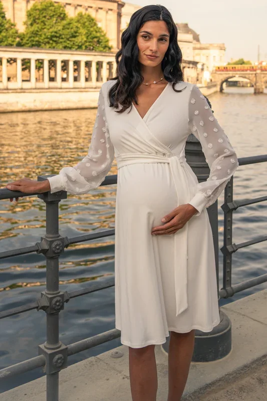 Maternity and nursing wedding dress with polka dot chiffon sleeves