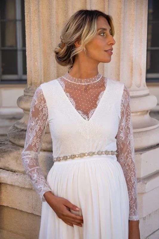 Maternity bodysuit with deep neckline and stand-up collar