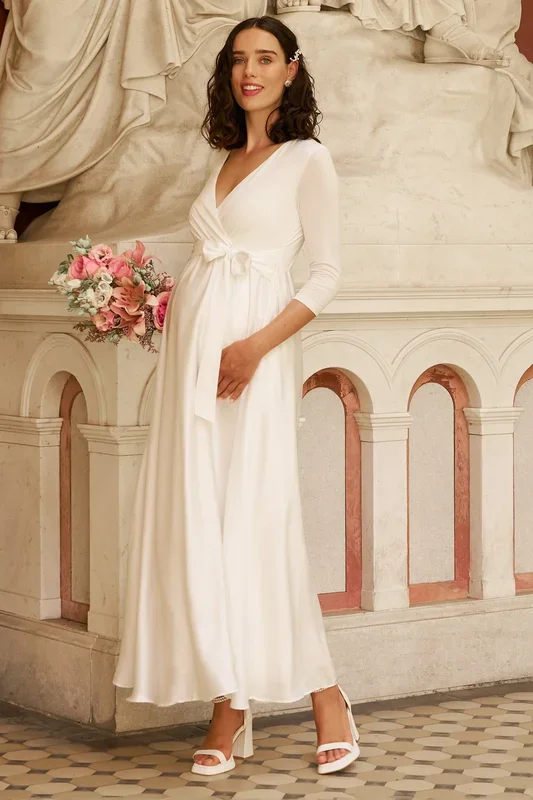 Maternity bridal gown with satin skirt and nursing opening