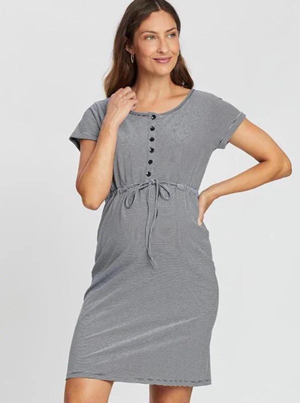 Maternity Cotton Drawstring Dress in Stripes